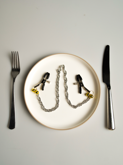 Adjustable Nipple Clamps with Chain & Bells: BDSM Nipple Jewelry, Fetish Play Accessory