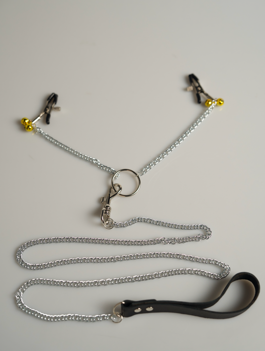 BDSM Nipple Clamps and Genuine Leather Chain Leash Set